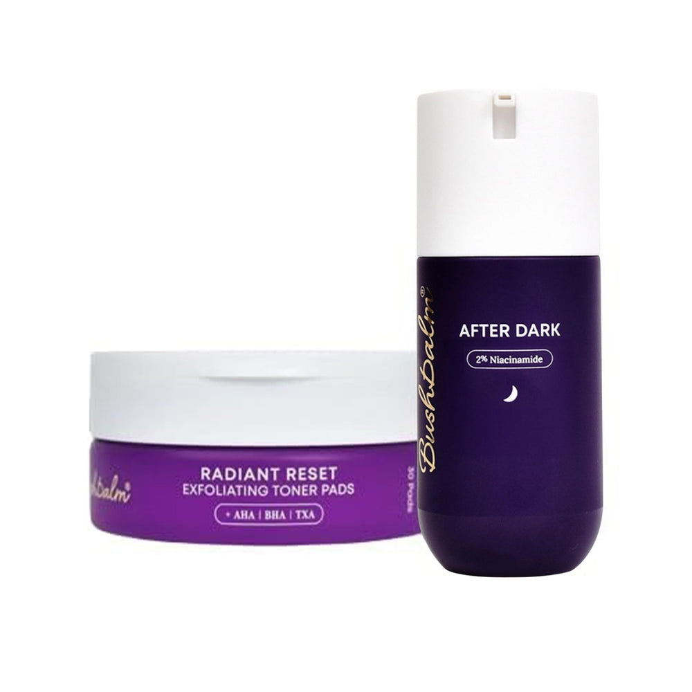 Bushbalm After Dark Brightening Gel bottle shown for a nighttime brightening routine.