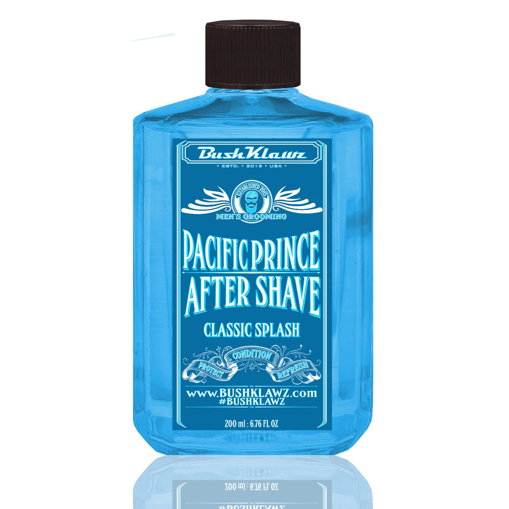BushKlawz Pacific Prince bottle close-up for refreshing post-shave revitalization.