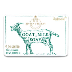 Buster & Bella's Unscented Goat Milk Soap bar close-up, creamy lather for sensitive skin.
