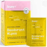 BUSYCO Glow Line Deodorant Wipes lavender-rose packaging highlights sustainability and convenience.