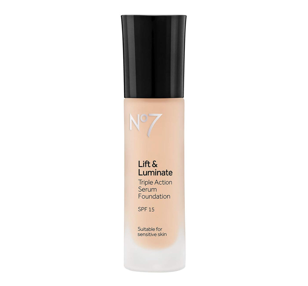 BUTO Boots No7 Lift & Luminate foundation bottle in warm beige with SPF 15 sun protection.