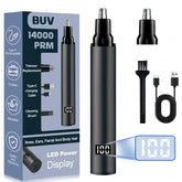BUV nose hair trimmer with LED display; front view for quick battery check and status