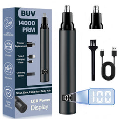 BUV nose hair trimmer with LED display; front view for quick battery check and status