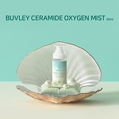 BUVLEY Ceramide Oxygen Face Mist spritz in use for instant daytime refresh.