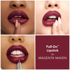 Buxom Magenta Maven lipstick with hydrating formula for comfortable wear and subtle tingling.