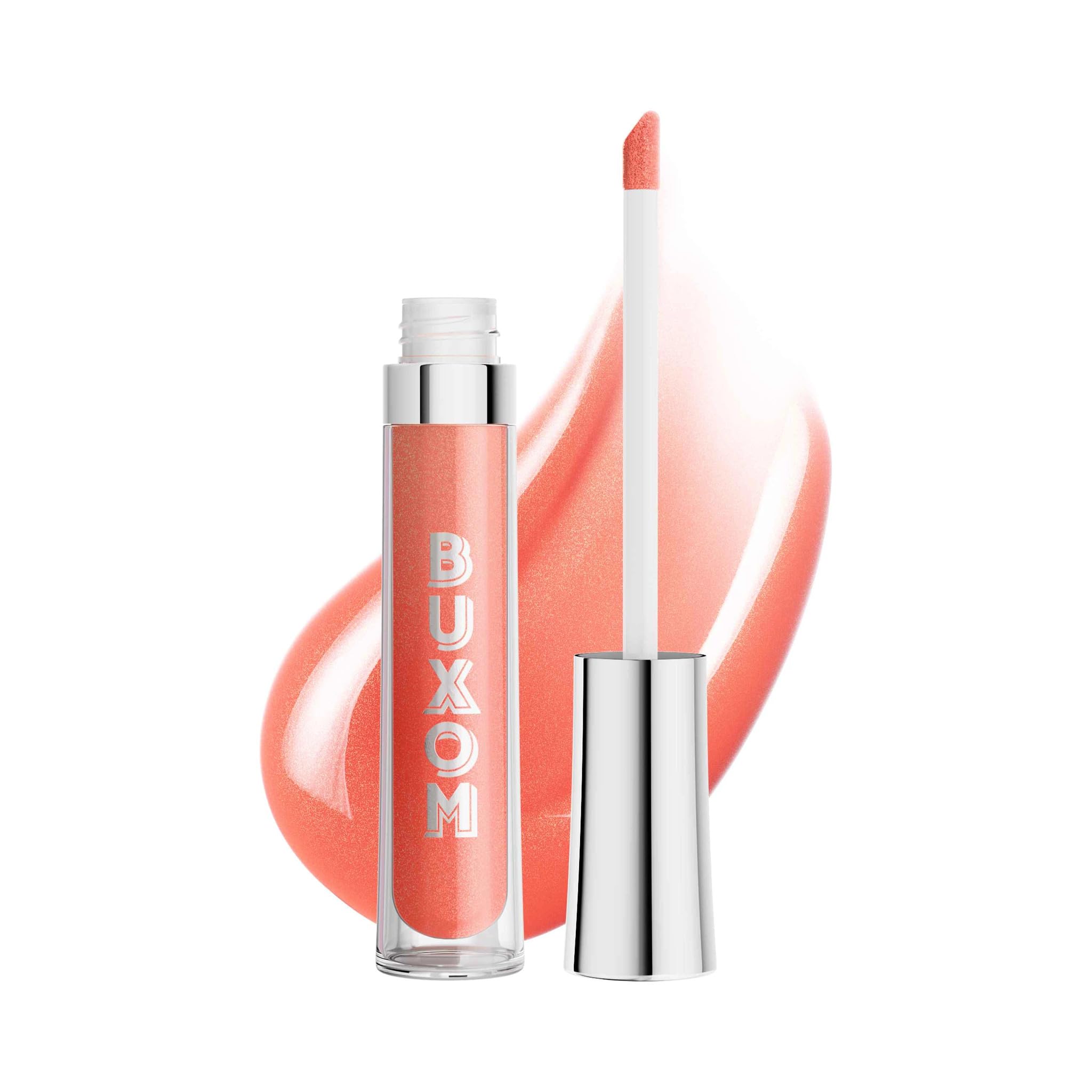 Buxom Full-On Debbie Coral Peach swatch on lips with high-shine finish