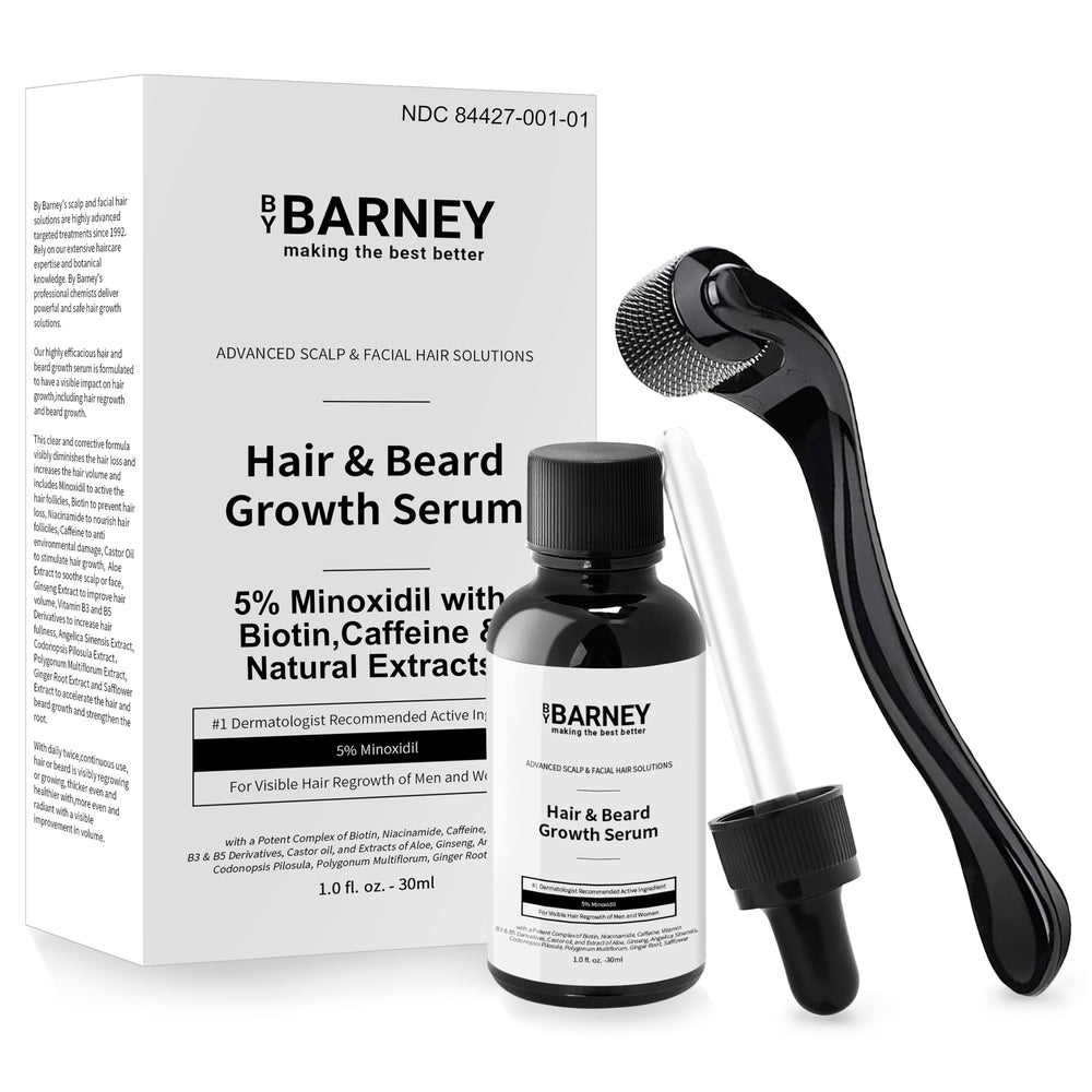 BY BARNEY minoxidil serum bottle highlights thicker, fuller-looking hair.