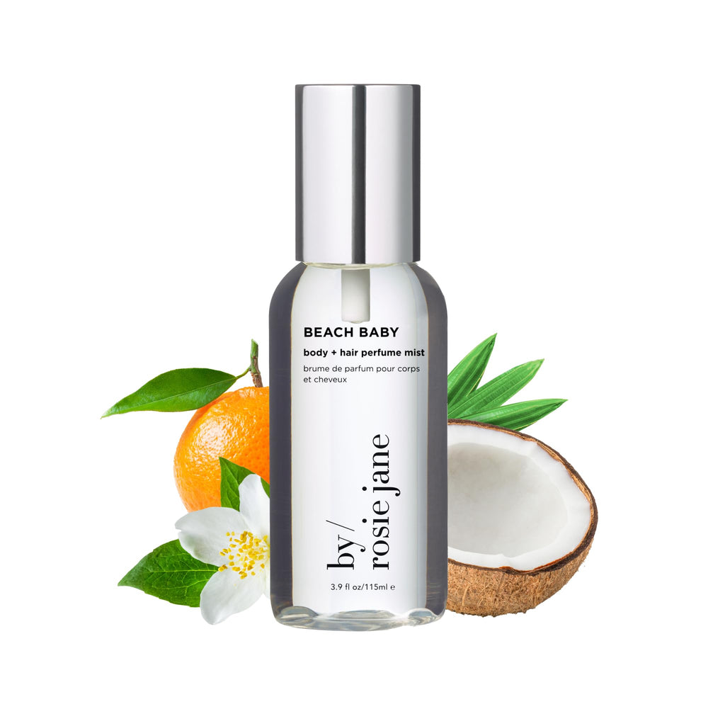 By Rosie Jane Beach Baby mist bottle on sunlit beach for daily refreshment