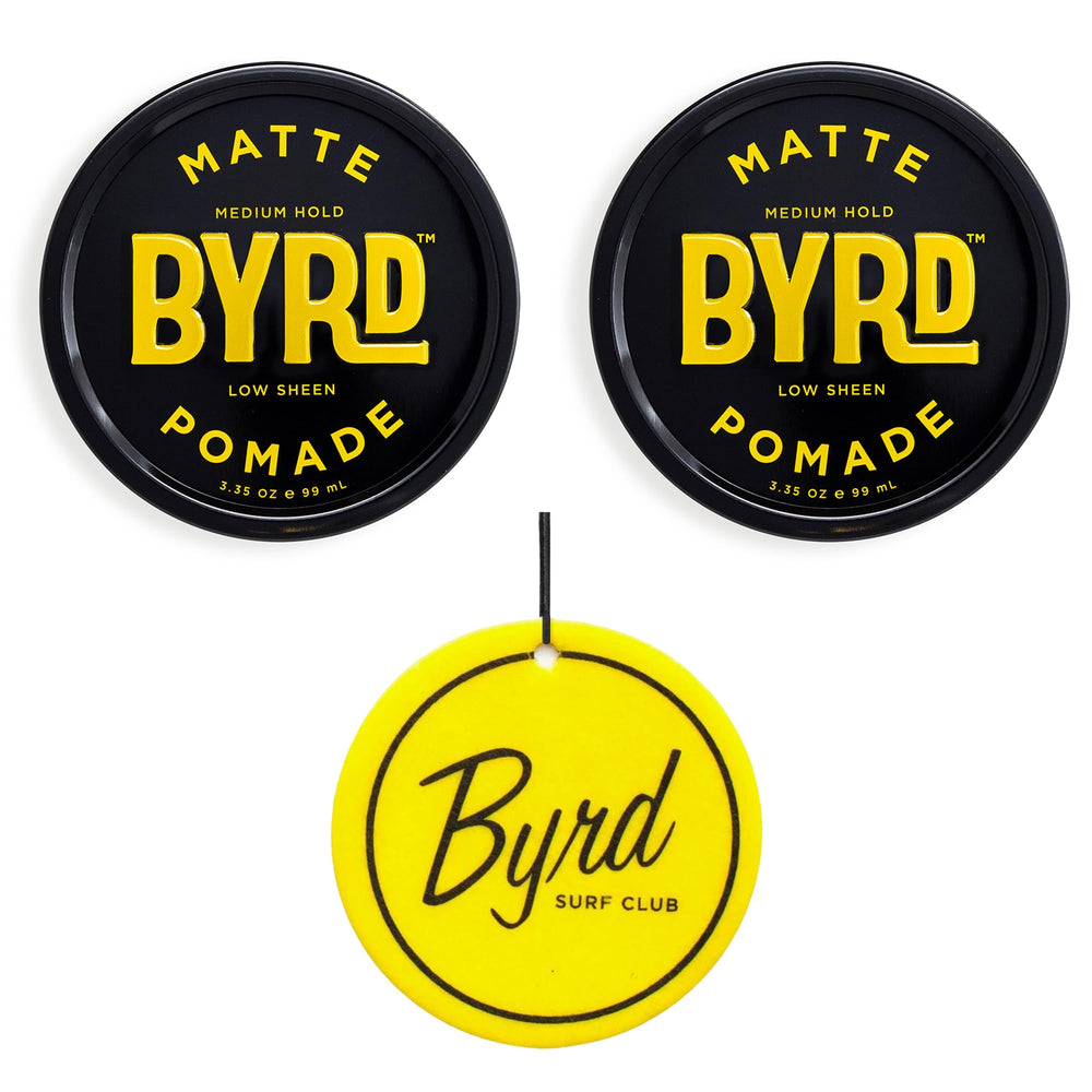BYRD Hairdo Matte Pomade 2-pack jars closeup showing texture for versatile styling.