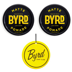 BYRD Hairdo Matte Pomade 2-pack jars closeup showing texture for versatile styling.