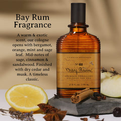 C.O. Bigelow Bay Rum Cologne glass bottle closeup emphasizes timeless design on any dresser.
