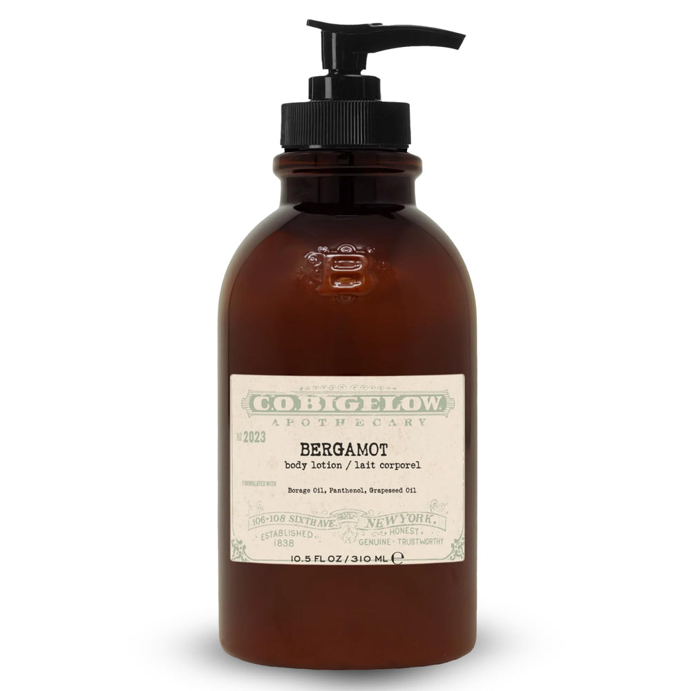 C.O. Bigelow Bergamot Body Lotion bottle shown for daily hydration.