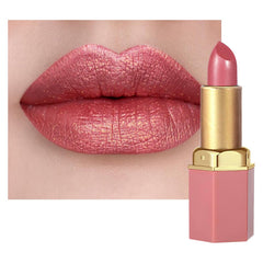 CAKAILA Coral Pink Metallic Lipstick close-up showing vibrant shimmer for a polished daily look.