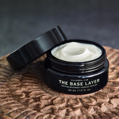 Caldera + Lab The Base Layer pump-application demonstrates fast-absorbing hydration suitable for sensitive skin.