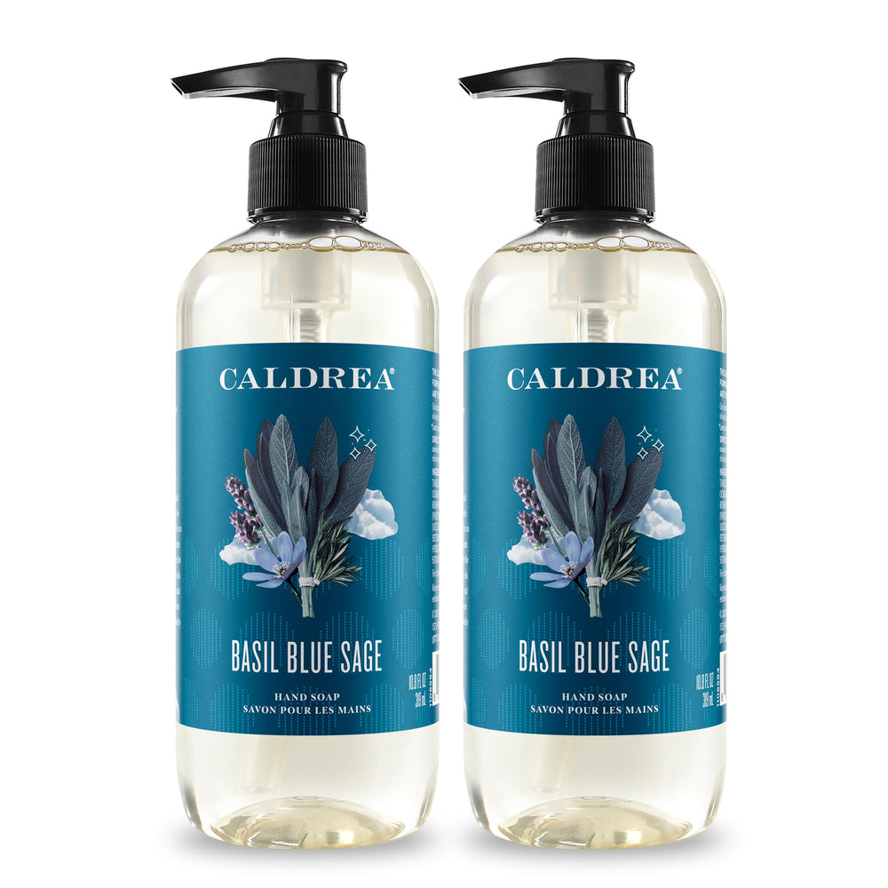 Caldrea Basil Blue Sage hand wash bottle delivering clean, soft hands with a soothing scent.
