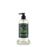 Caldrea hand soap bottle showing aloe, olive oil, and mint aroma for gentle cleansing.