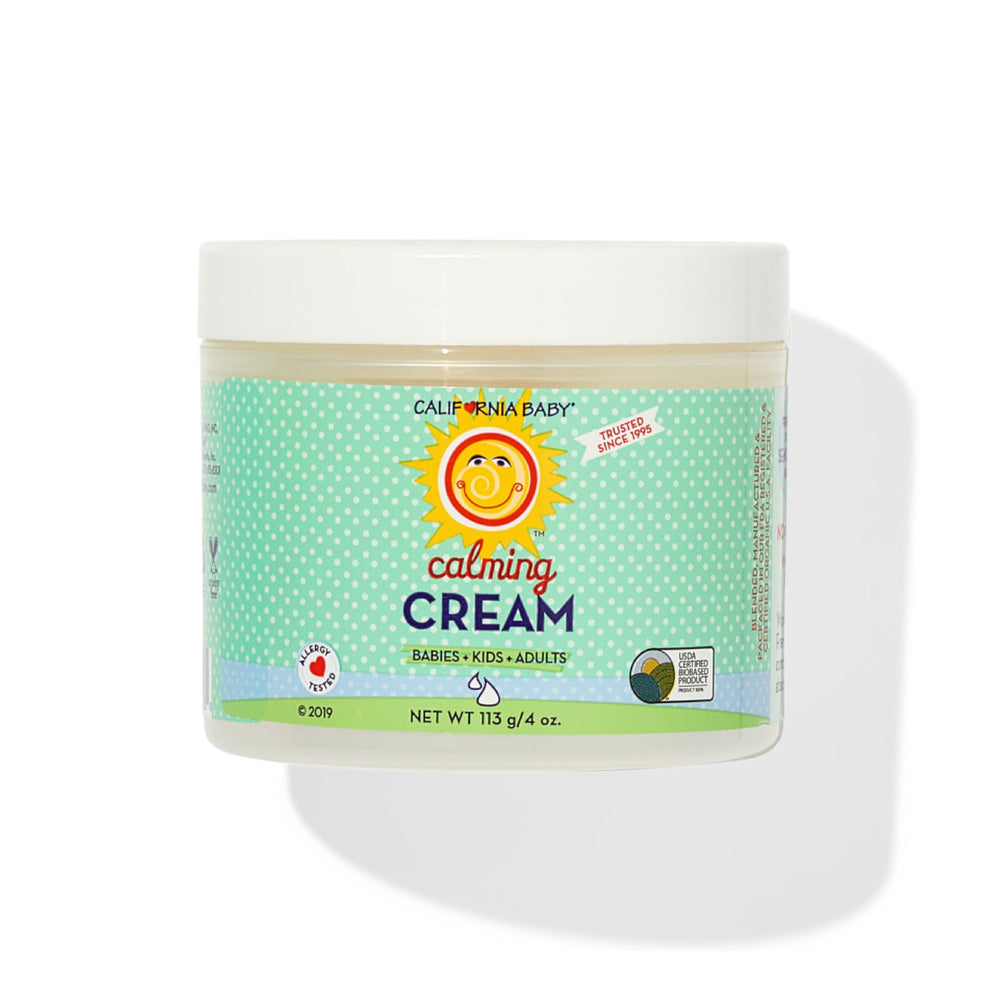 California Baby Calming Cream bottle pour shows plant-based hydration for dry skin.