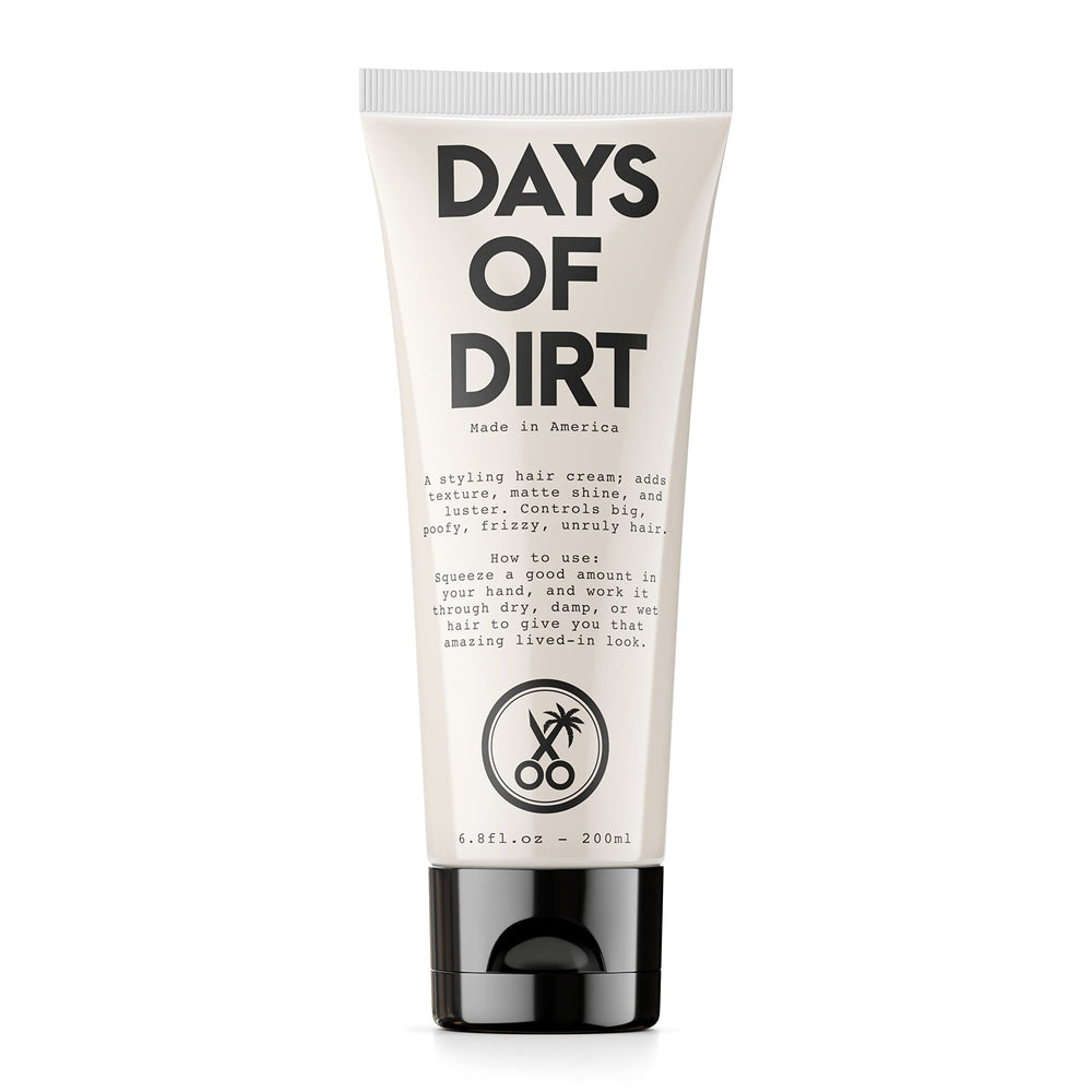 California Born Days of Dirt bottle close-up showing creamy texture for smooth, frizz-free hair.