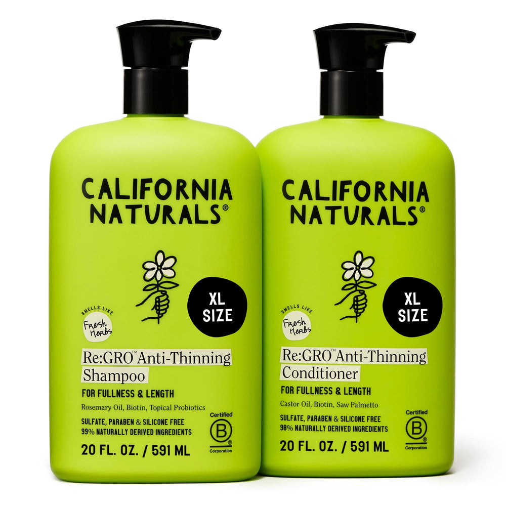 California Naturals Re:GRO shampoo bottle on a clean shelf, promoting scalp health and fullness.