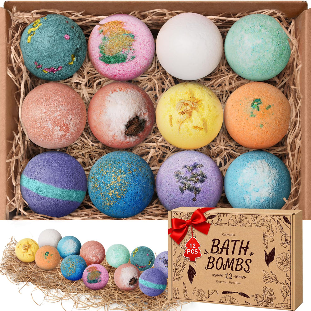 CalmNfiz bath bombs 12-pack gift set in a box for thoughtful pampering.