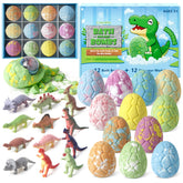 CalmNFiz bath bombs with hidden dinosaur toy and vibrant bubbles in the tub.
