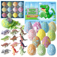 CalmNFiz bath bombs with hidden dinosaur toy and vibrant bubbles in the tub.