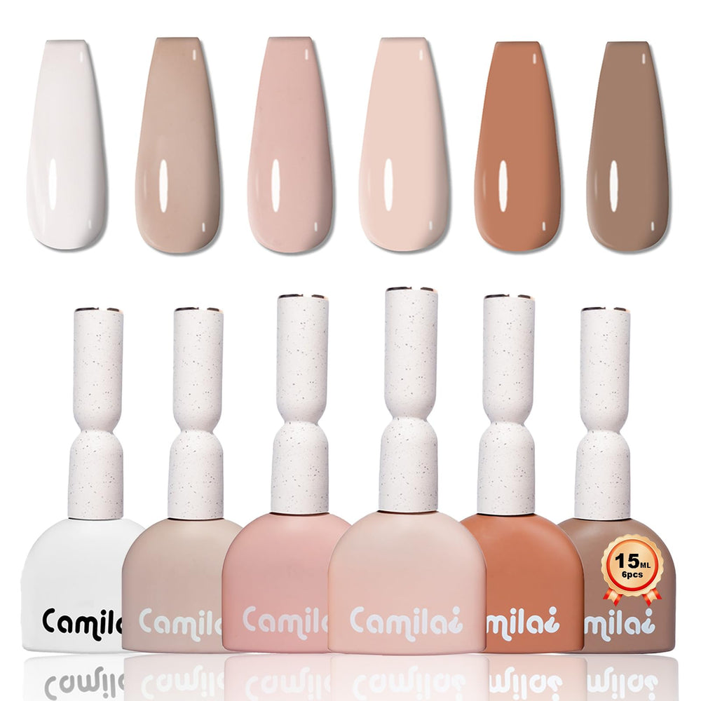Camila 6-piece gel polish set swatches for versatile nude pink brown looks.