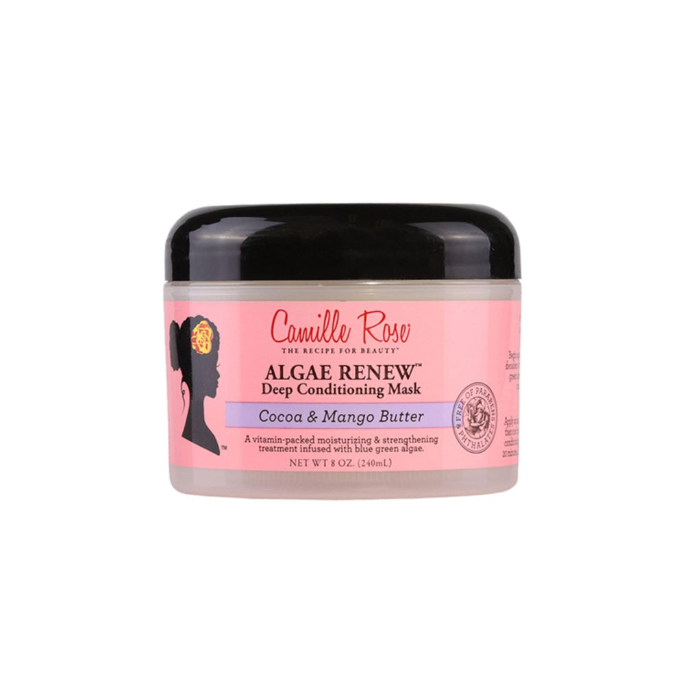 Camille Rose Algae Renew Mask bottle with peppermint scent for refreshing conditioning.
