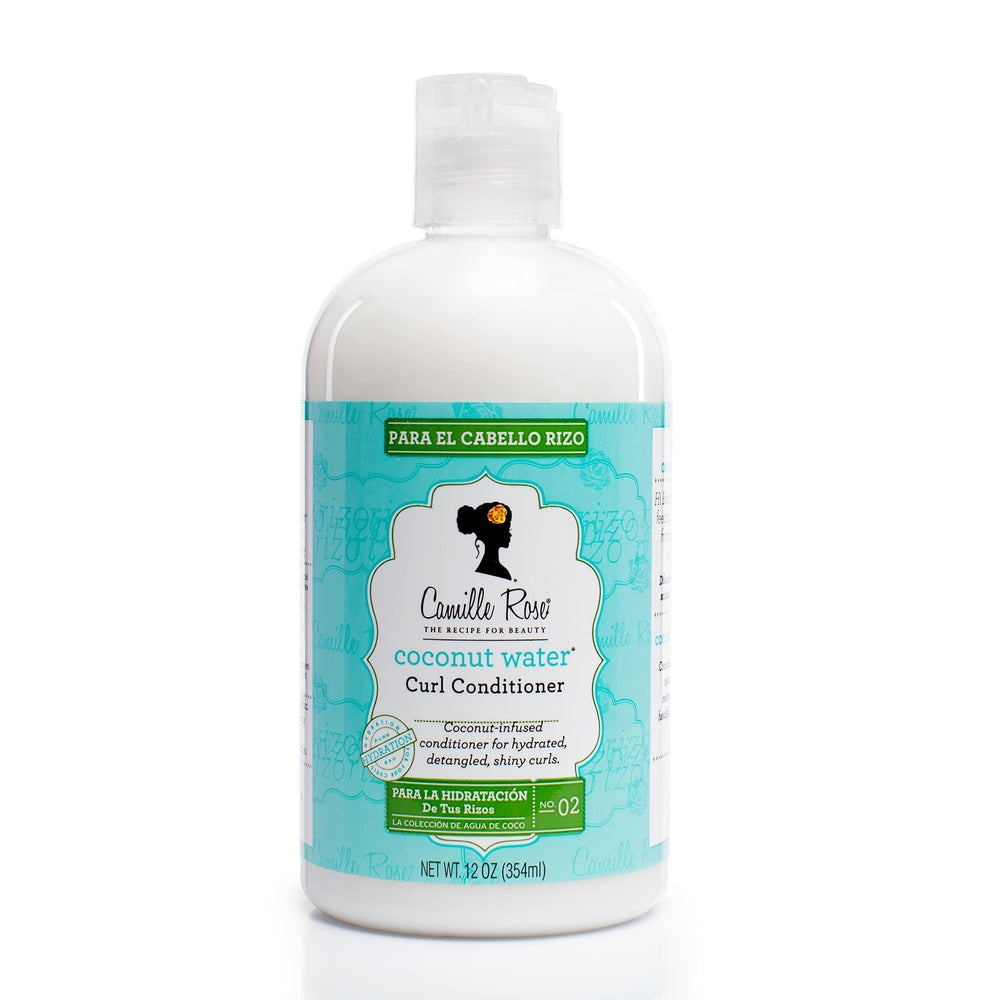 Camille Rose Coconut Water Curl Conditioner bottle hydrates and detangles curls.