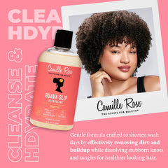 Camille Rose Guava Slip Detangling Shampoo lather forming on hair, providing gentle cleansing.