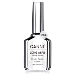 CANNI 18ml No Wipe Gel Top Coat bottle shows a glassy, long-lasting shine.