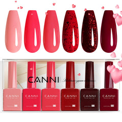 CANNI six colors gel bottle close-up shows accurate shade and bold glitter for quick color selection.
