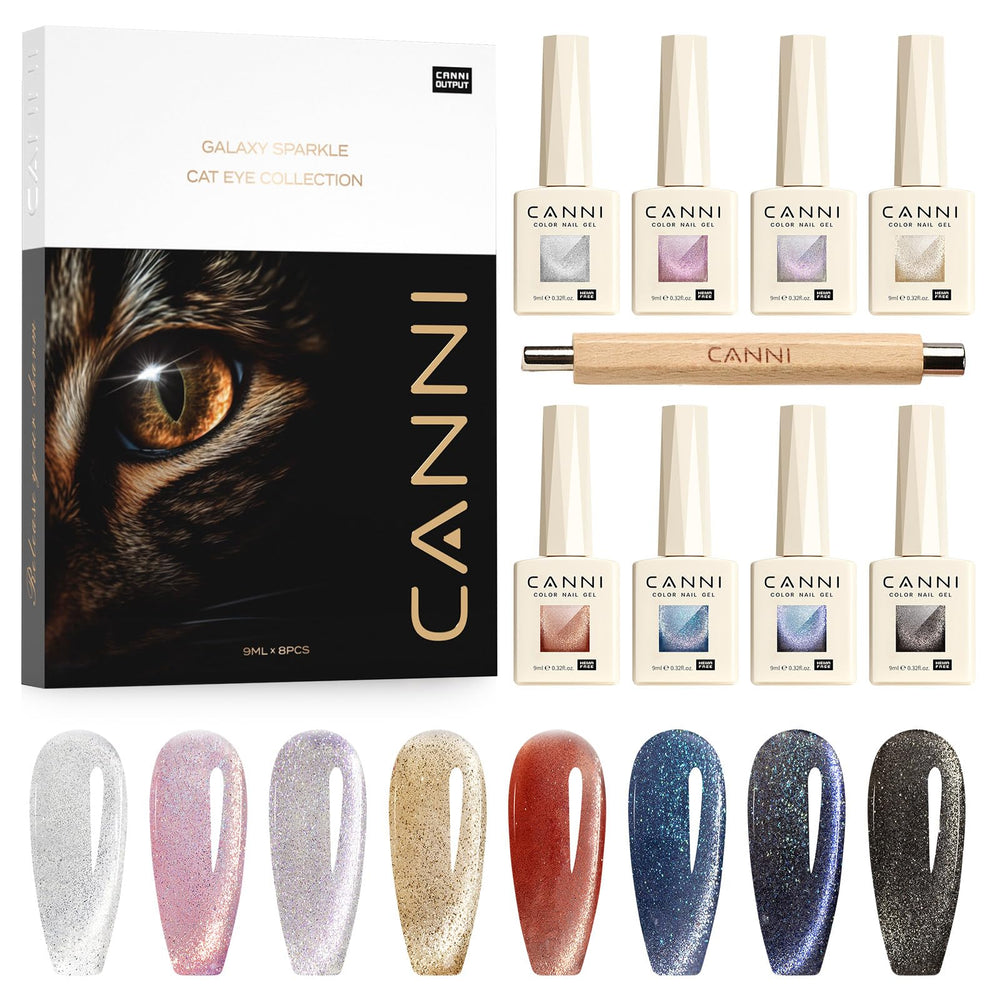 CANNI cat eye gel polish set in action with magnet creating a shifting line on swatch