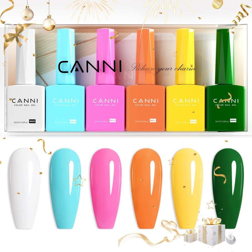 CANNI 9ml Hema-Free gel polish set in six colors ready for at-home manicure.