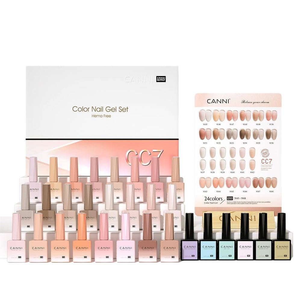 CANNI CC7 base and top coat bottle close-up for smooth, long-lasting gel layering.