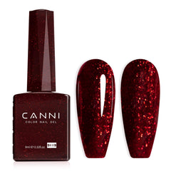 CANNI dark burgundy glitter gel polish bottle for at-home glam.