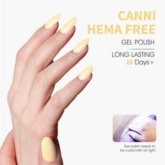 CANNI pastel yellow gel nail polish on nail demonstrating even coverage.