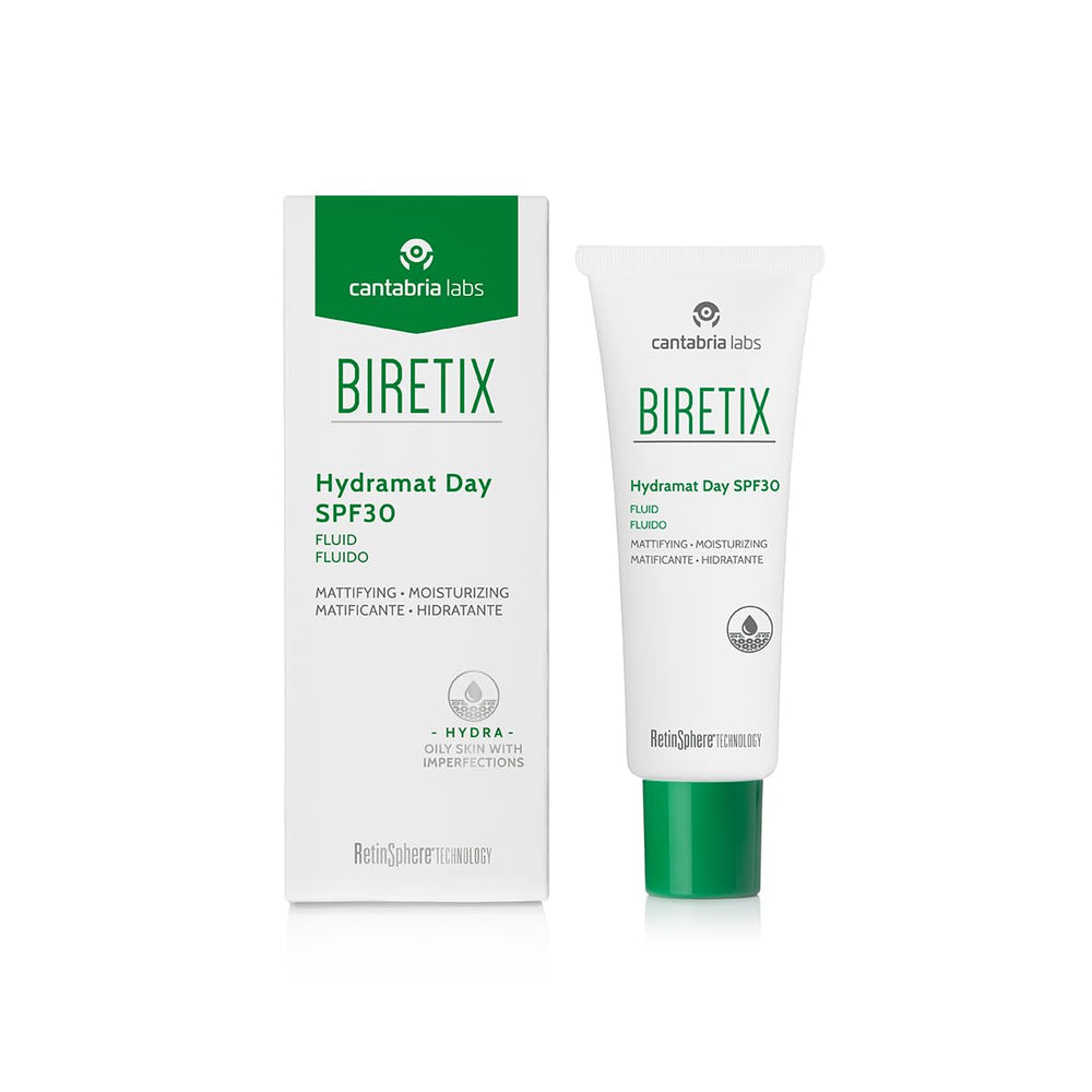Cantabria Labs Biretix Hydramat Day SPF30 Fluid bottle with matte oil control.