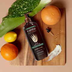 Cantu Aloe Vera Body Lotion ingredients closeup, featuring shea and cocoa butter.