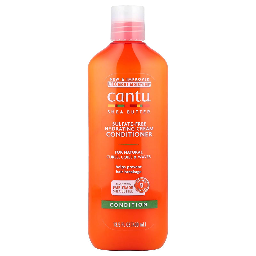 Cantu Shea Butter Hydrating Cream Conditioner bottle demonstrates rich moisture for curls