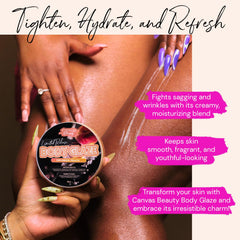 Canvas Beauty Body Glaze Drunken Peach being applied to damp skin for a soft glow.