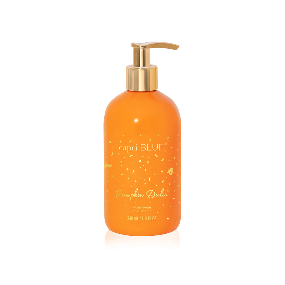 Capri Blue Pumpkin Dulce bottle on the counter highlights warm, inviting hand care.