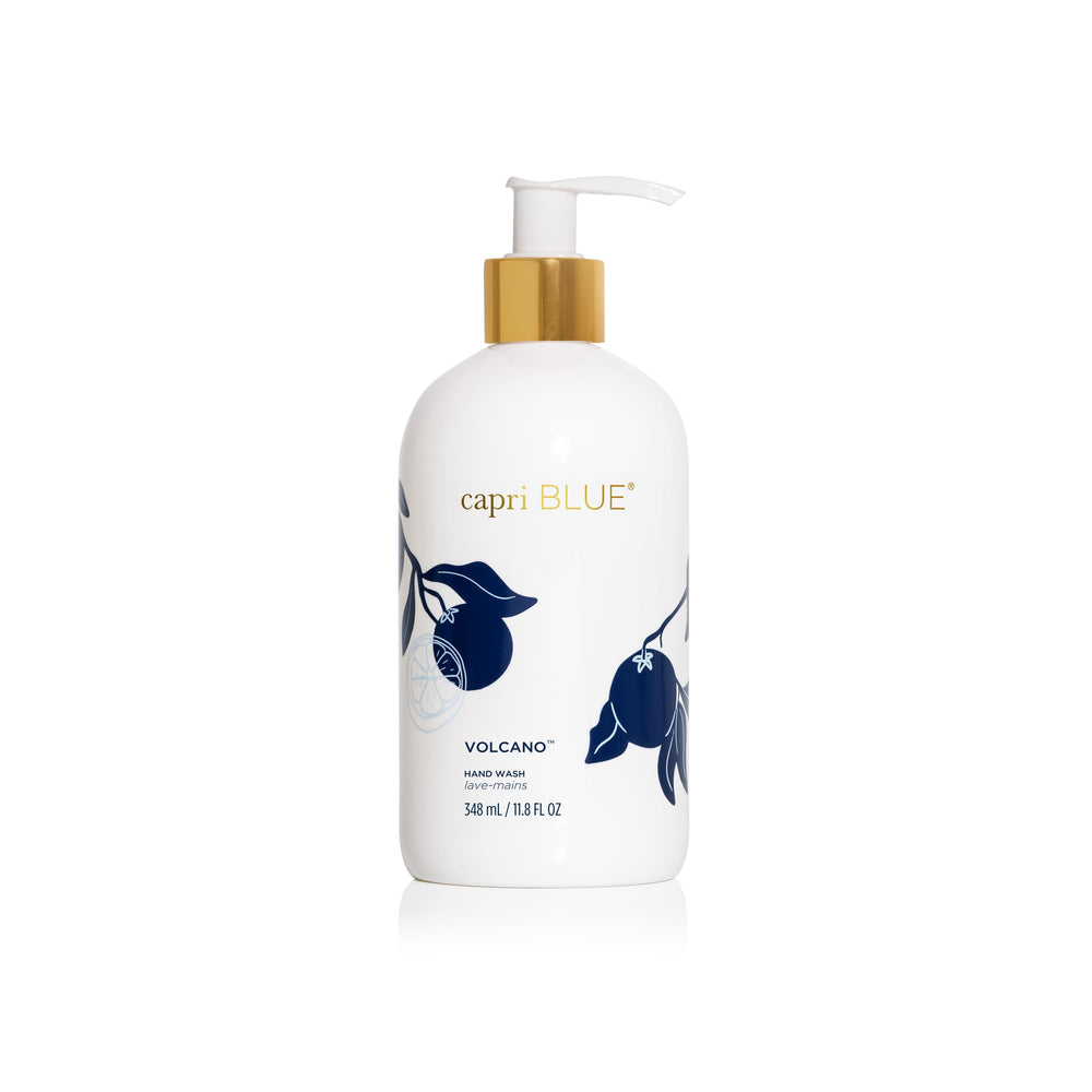 Capri Blue Volcano hand wash bottle enhances sink with vibrant design.