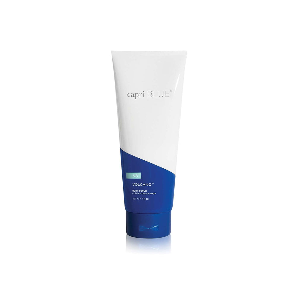 Capri Blue Volcano scrub tube close-up showing creamy texture for gentle exfoliation.