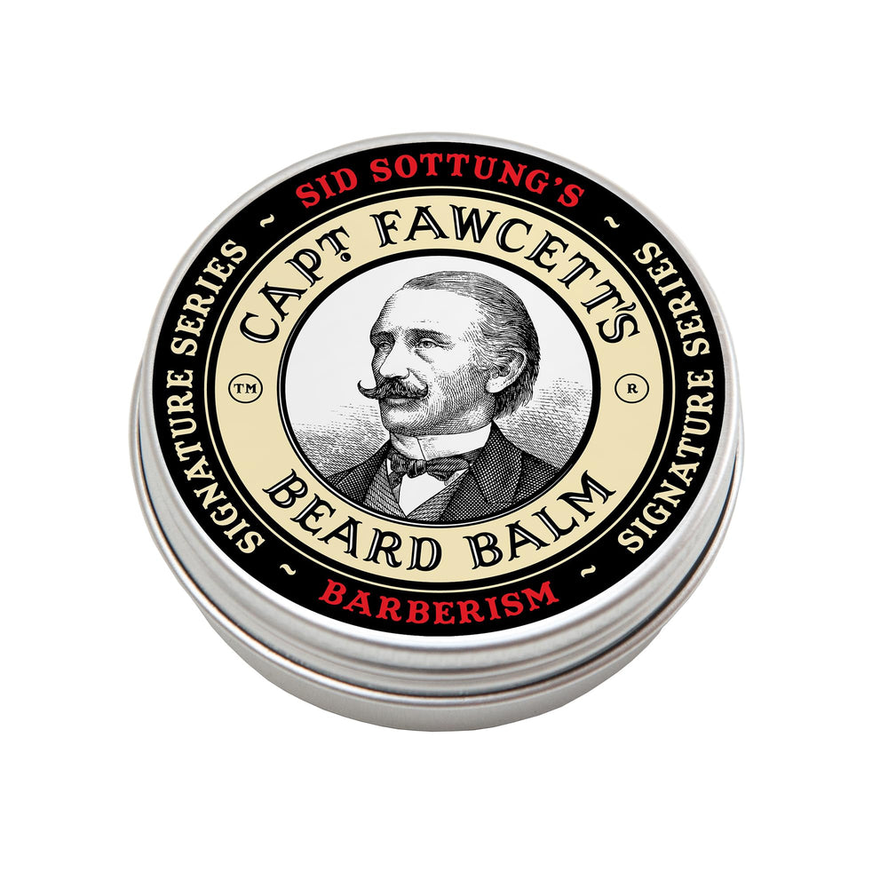 Captain Fawcett's Barberism Beard Balm 60ml bottle shown for premium grooming packaging
