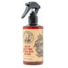 Captain Fawcett’s Bay Rum label close-up highlighting natural ingredients and artisanal UK craftsmanship.