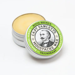 Captain Fawcett moustache wax jar for refined grooming and flexible hold.