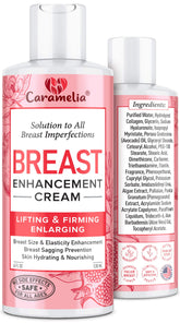 Caramelia Breast Enhancement Cream bottle close-up shows premium formula for firming.