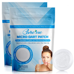 Care Me microdart patch on a swollen zit showing 173 micropoints for targeted relief.