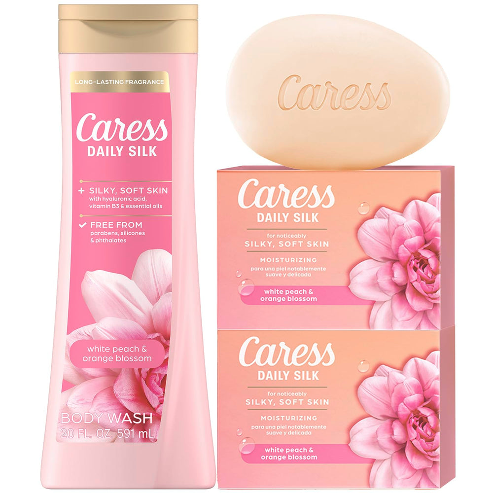 Caress Daily Silk body wash bottle pouring for silky skin